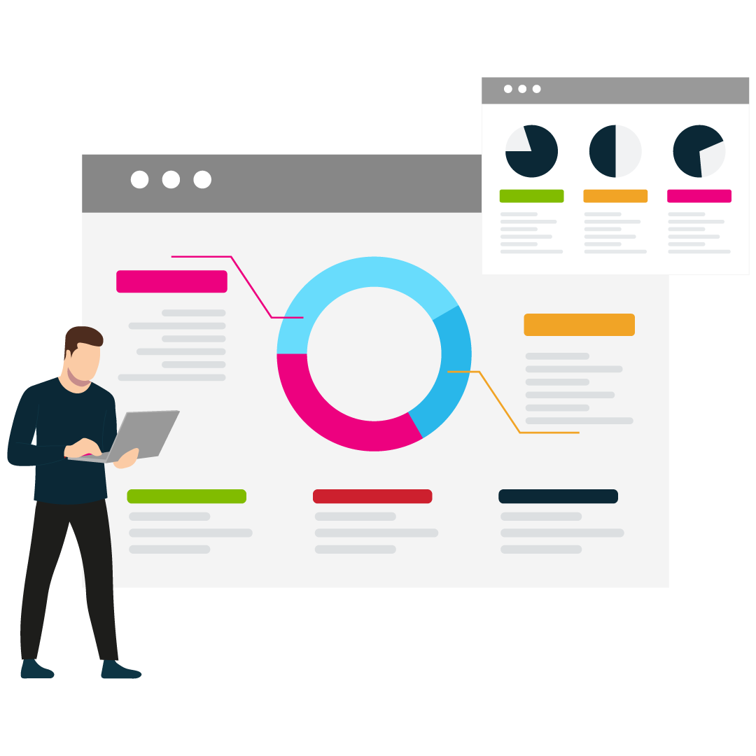 A man on a laptop standing next to a lifesize report dashboard with charts and diagrams