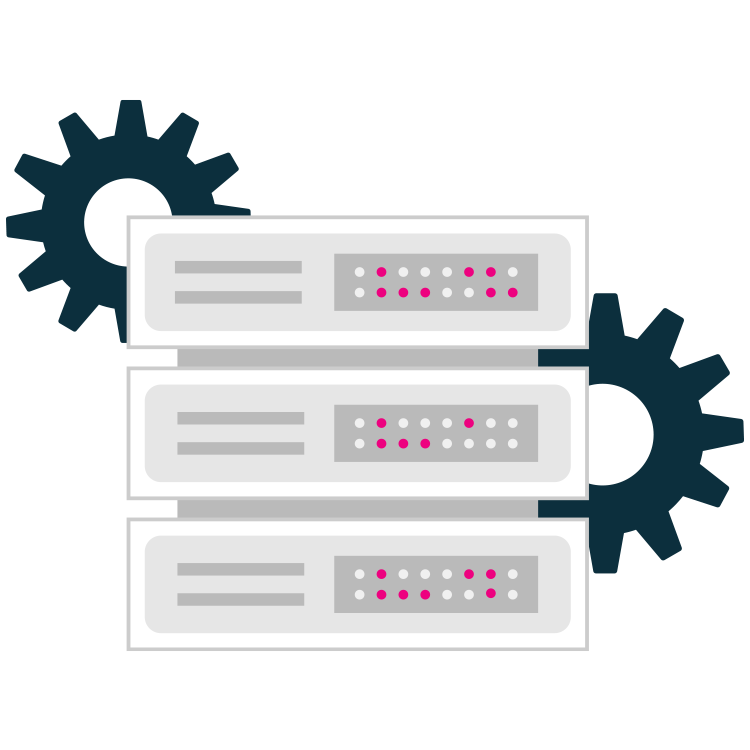 Illustration of a server with gears behind it