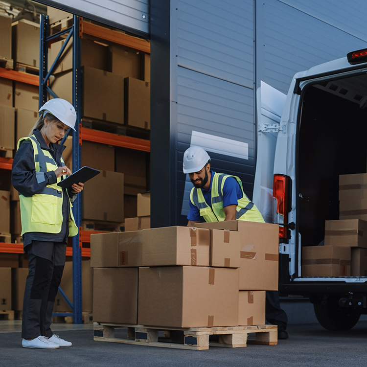 Two workers in safety vests standing near a van, ready to perform their duties in an Irish warehouse
