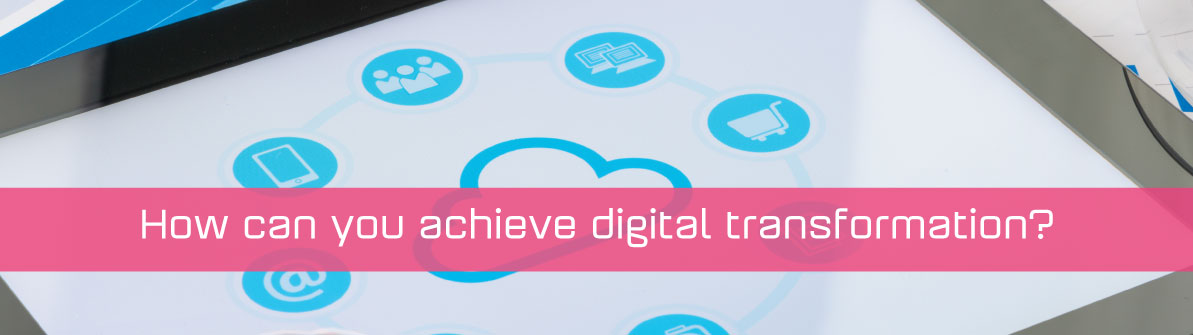 An iPad with a cloud and a copy strap How can you achieve digital transformation?