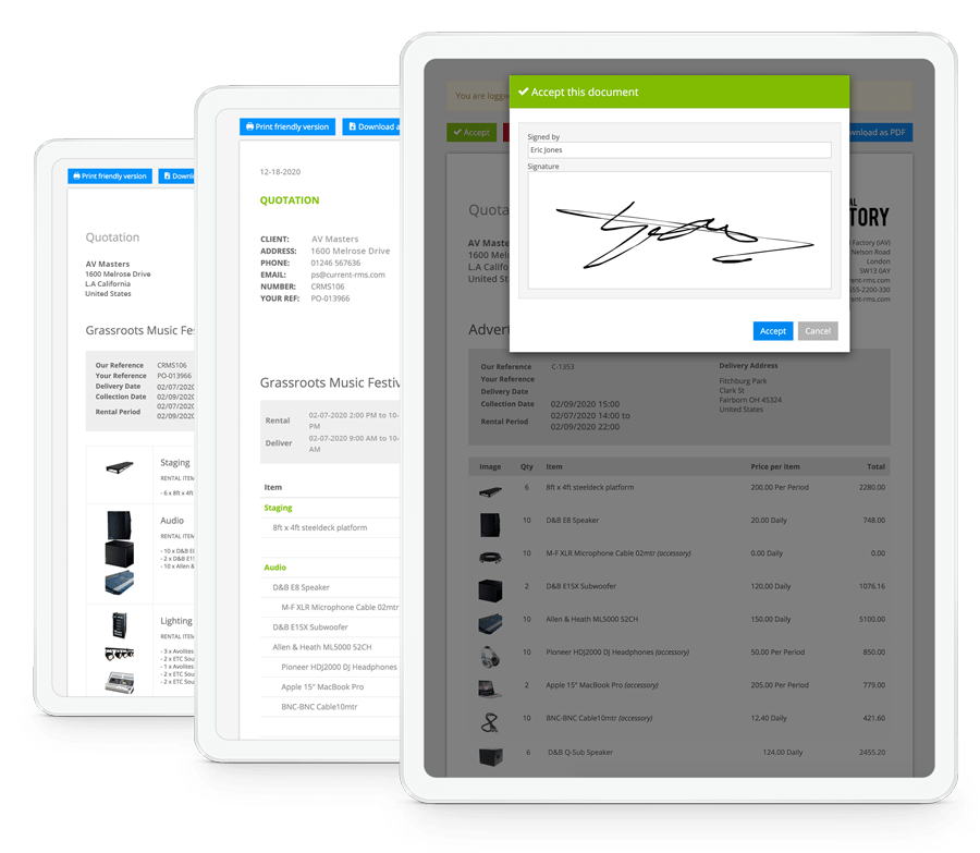 Mockup of three tablets over each other with current RMS's quotes and proposals dashboard