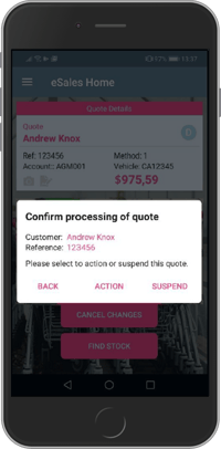 Mobile with the eSales quote processing confirmation screen