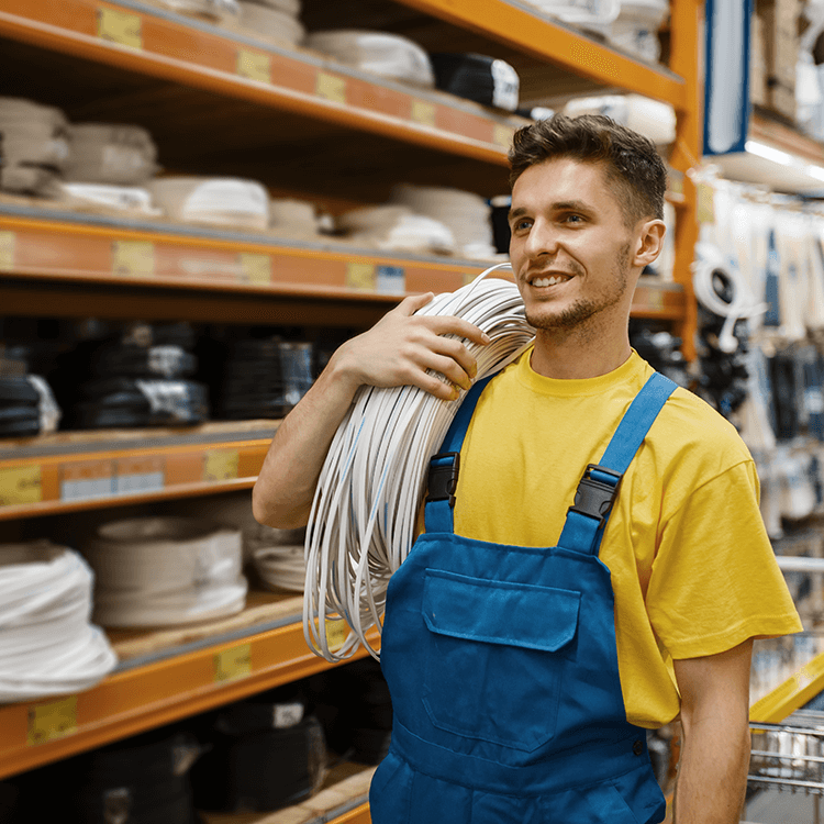 Hardware store employee with a roll of coated wire.