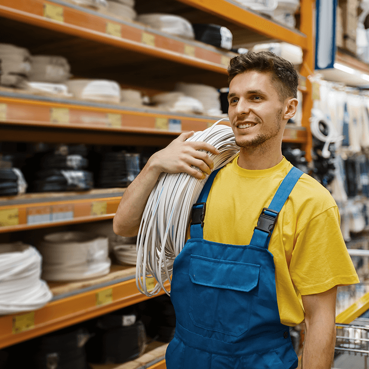  A man in overalls holds a bundle of wires in an Irish warehouse.