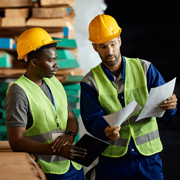 Two men in hard hats standing in front of stacks of wood