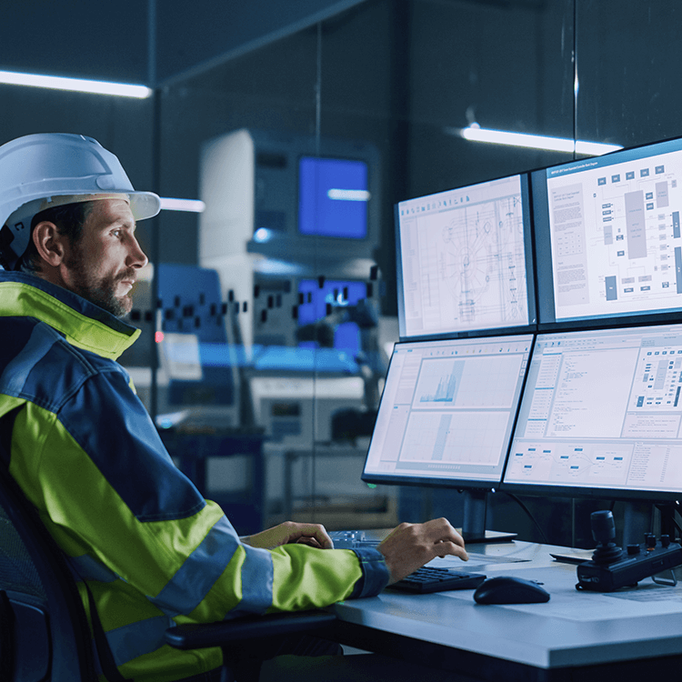 A man in a hardhat multitasks on two computer screens, using KCS's rental software.