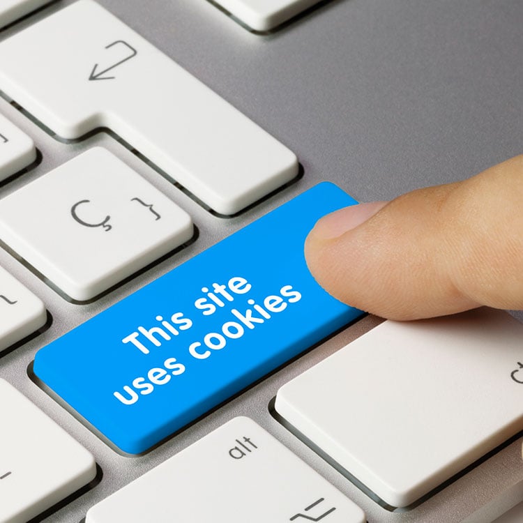 Person pressing a blue button on a keyboard written “This site uses cookies”