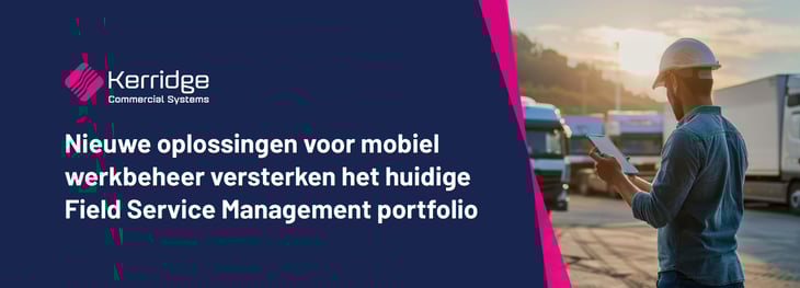 Nieuwsbanner met titel en afbeelding van de man die technologie gebruikt op het logistieke terrein voor vrachtwagens