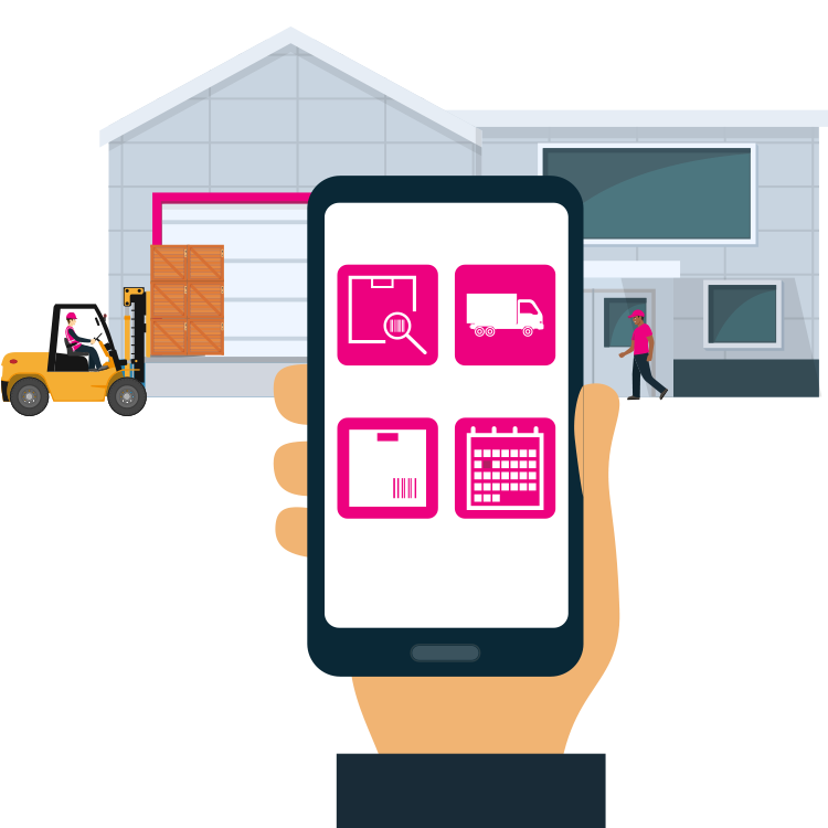 Diagram of a person looking at a Timber Merchant dashboard in front of an Irish warehouse