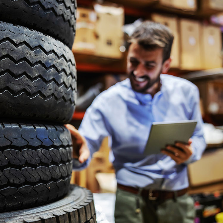 A man inspecting a stack of tires, carefully examining their condition and quality.