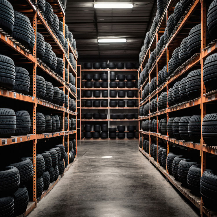 A warehouse filled with neatly stacked tires on shelves