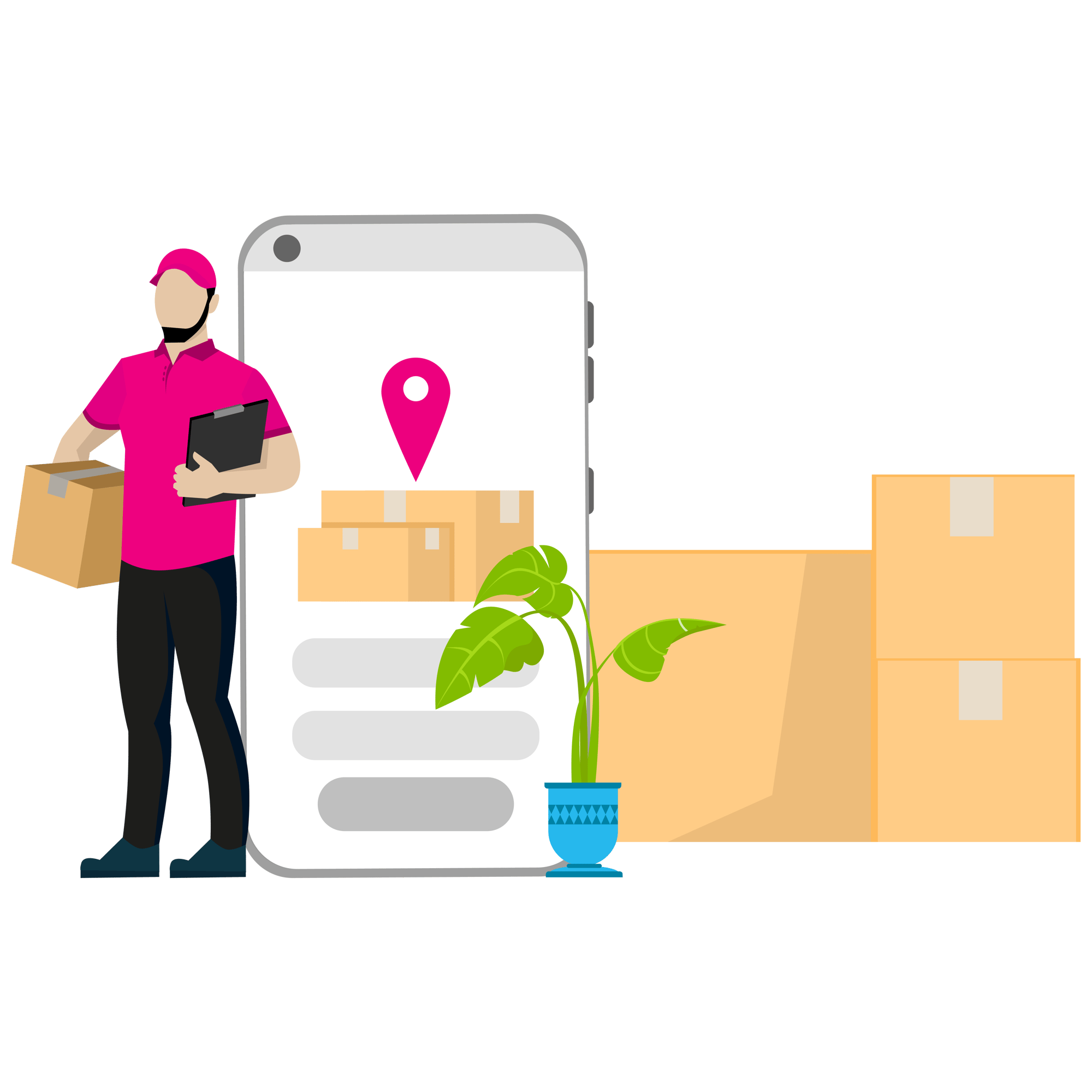 A diagram of a man holding a box and clipboard, next to a lifesize smartphone and boxes on the side and a pot plant infront of it.