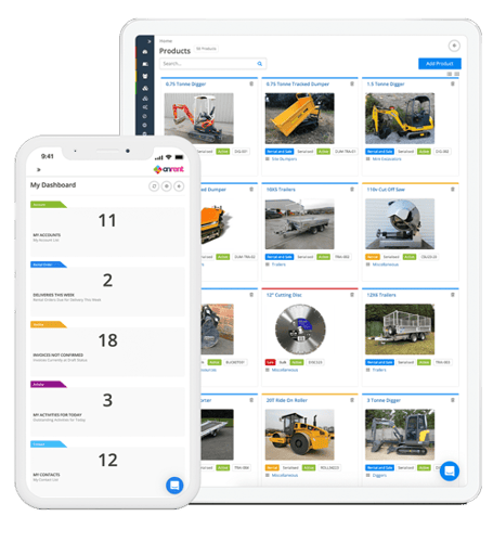 Mockup of a smartphone and tablet showcasing onRent's dashboard