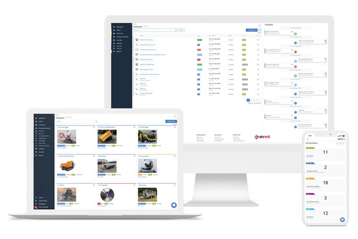 Desktop, laptop, smartphone mockup of onRent's dashboard