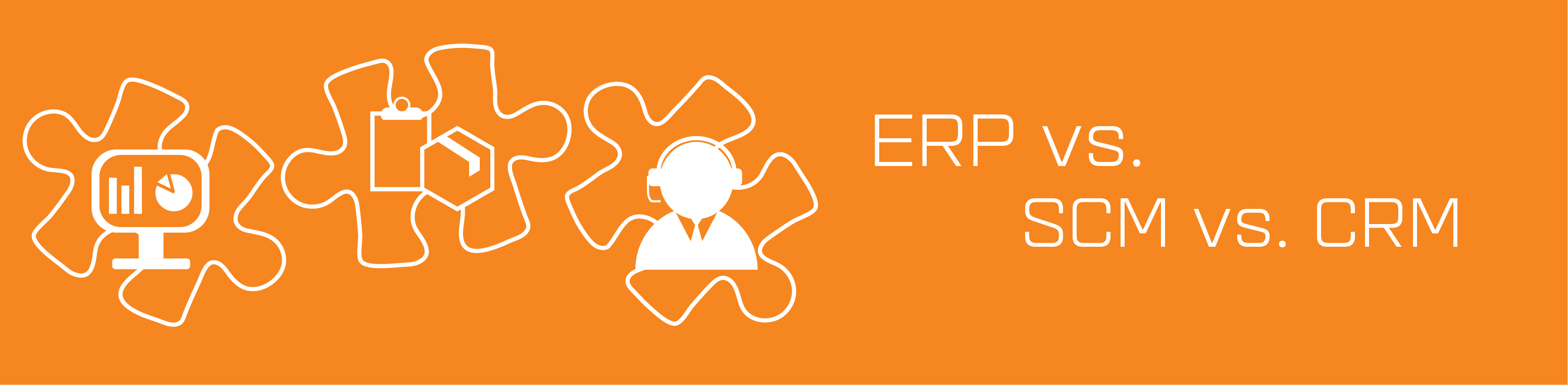 Three puzzle pieces with icons inside and copy that reads ERP vs. SCM vs. CRM
