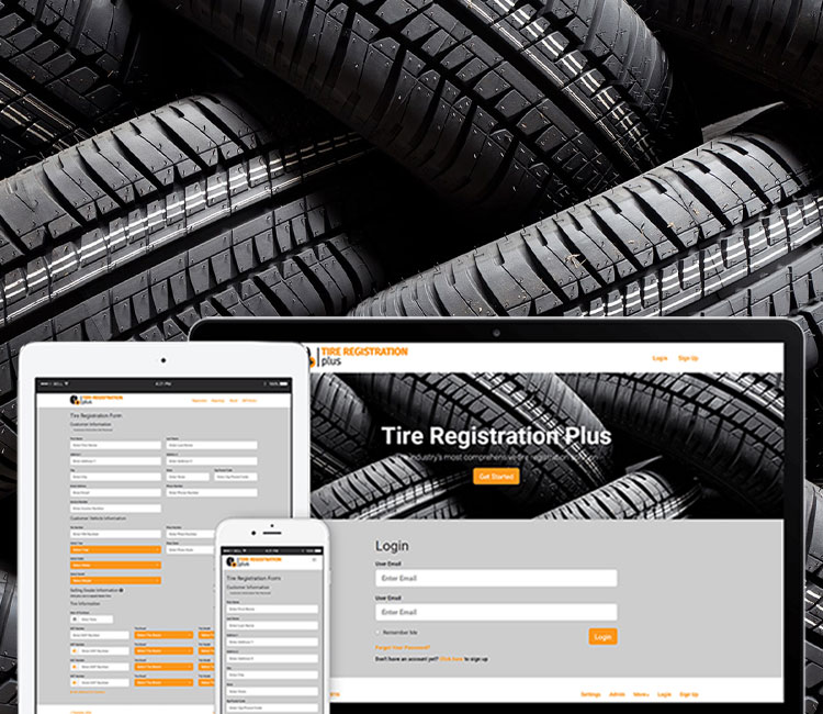 Mockup of Tiremetrix on a tablet, laptop, and smartphone, with tires on the background