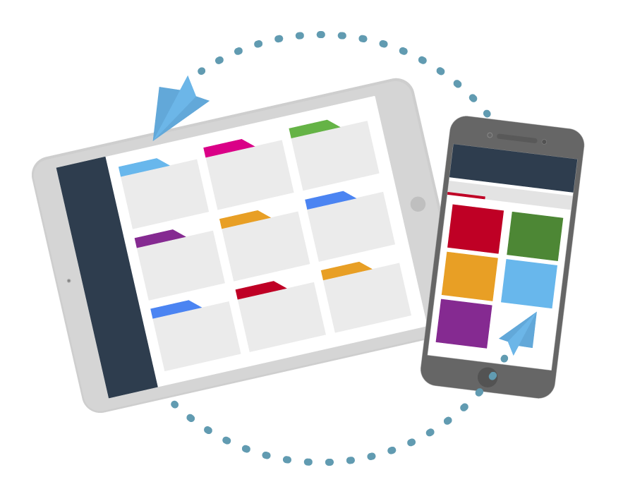 Diagram of tablet and smartphone with arrows from each device pointing to the other