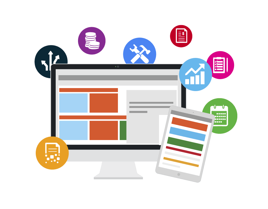 Diagram of a desktop computer with icons that showcase various insphire functions like reporting, planning, logistics and scheduling.